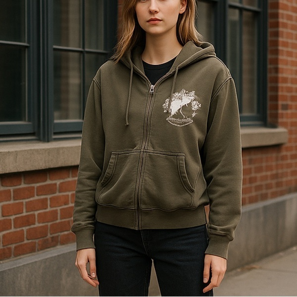 Vintage Y2K Women’s Army Green Silver Crested Cotton Zip Up Hoodie size XL
